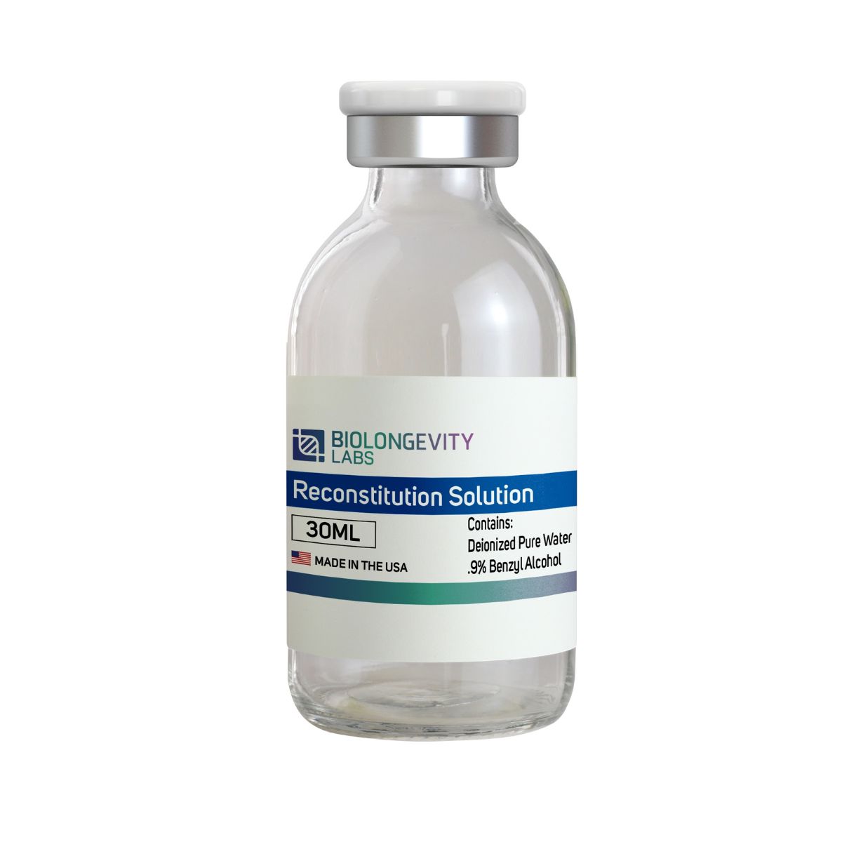 Reconstitution Solution (30ml) (BAC Water) 1 Glass vial of Biolongevity Labs Reconstitution Solution, 30ml, containing deionized pure water and .9% benzyl alcohol, made in the USA.