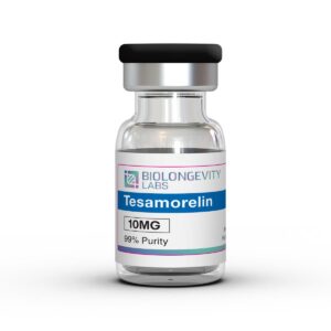 Glass vial with cap labeled Tesamorelin 10MG 99% Purity from Biolongevity Labs.