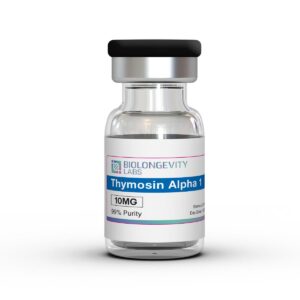 Glass vial with pharmaceutical cap labeled Thymosin Alpha 1 10MG 99% Purity from Biolongevity Labs.