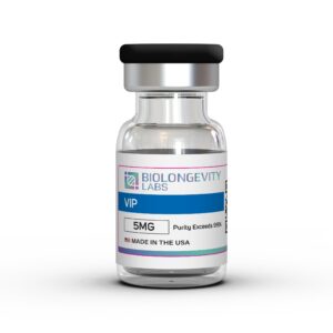 The World's Most Advanced Research Peptides and Bioregulators 45 Glass vial of Biolongevity Labs VIP, 5MG, with purity exceeding 99%, made in the USA.