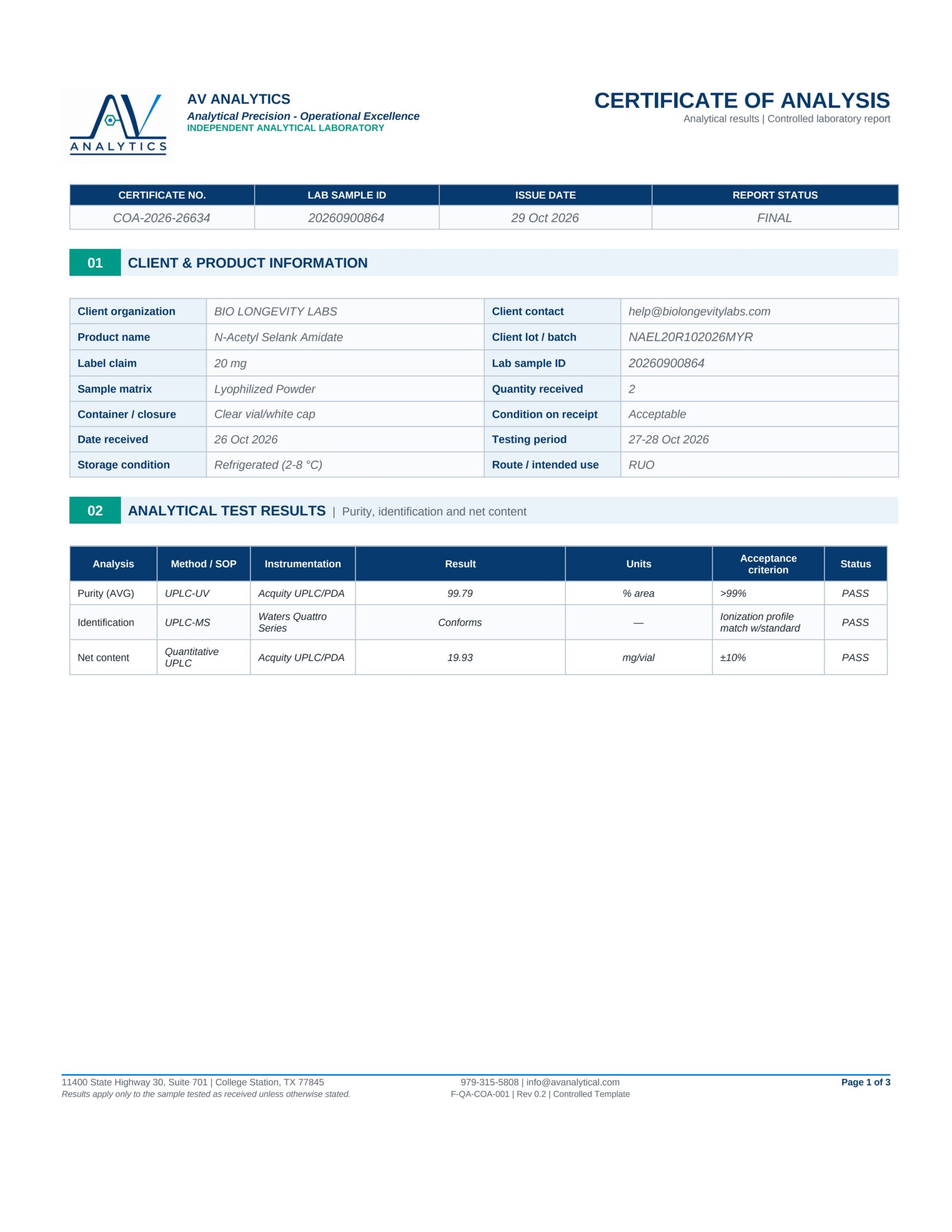N-Acetyl Selank Amidate 20mg(R102026MYR)